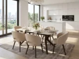 Стол КИРАН (KIRAN) 180 БЕЖЕВЫЙ МРАМОР (MATTE SICILY BEIGE SOLID CERAMIC) / Орех темный, ®DISAUR