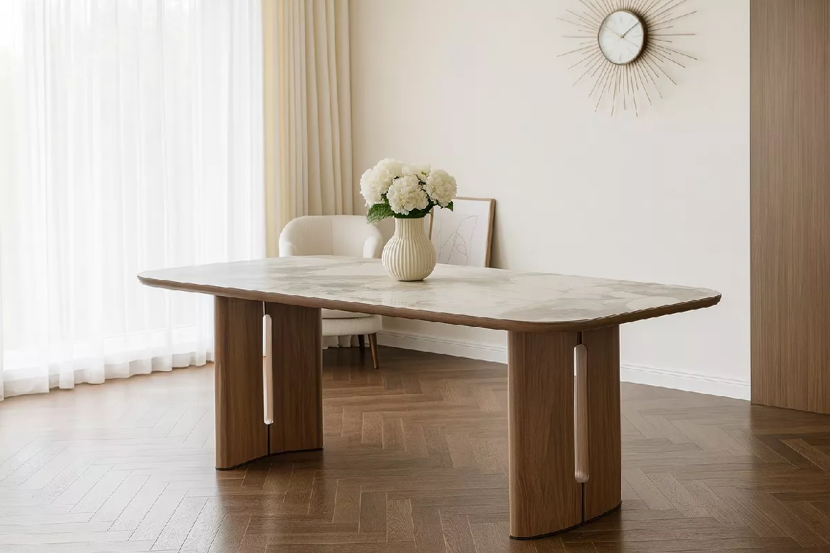 Стол БАРК (BARK) 180 цвет CA035 Бежевый мрамор, керамика / Орех (WALNUT), ®DISAUR